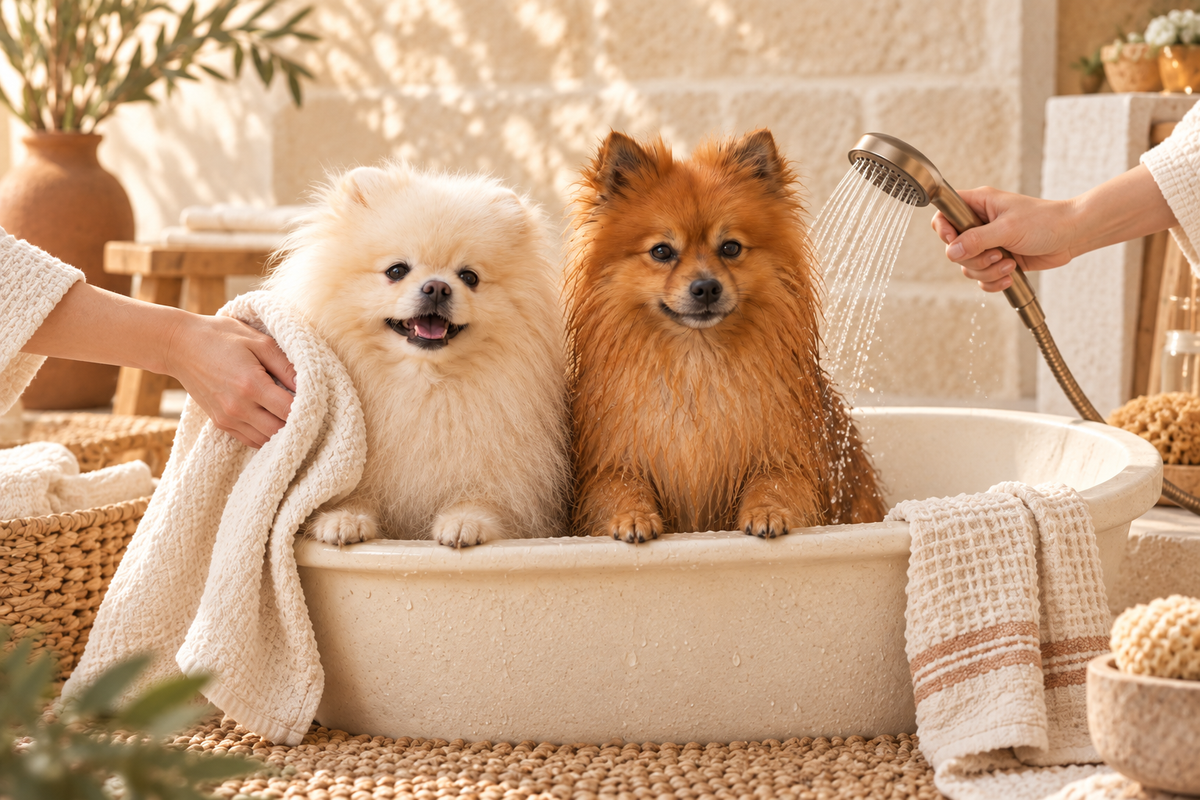 Boubou et Koda pendant un bain doux avec une serviette et une douchette