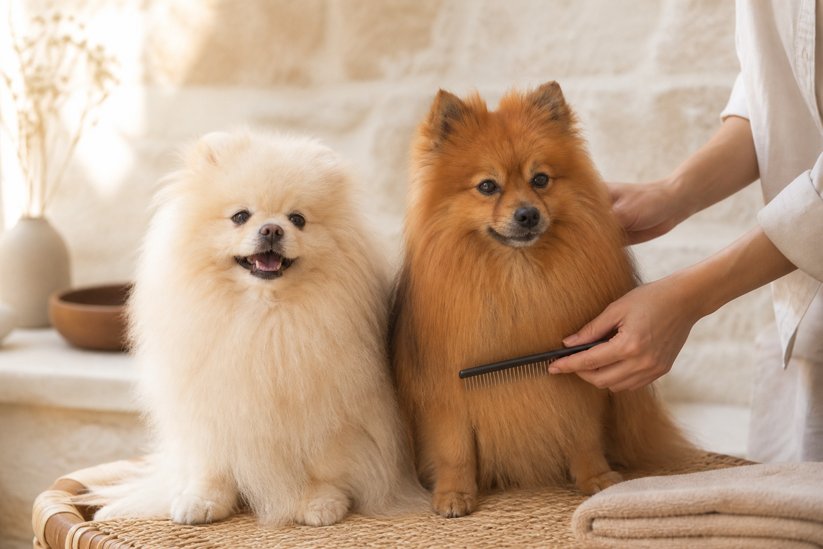 Boubou et Koda pendant une routine de toilettage à la maison