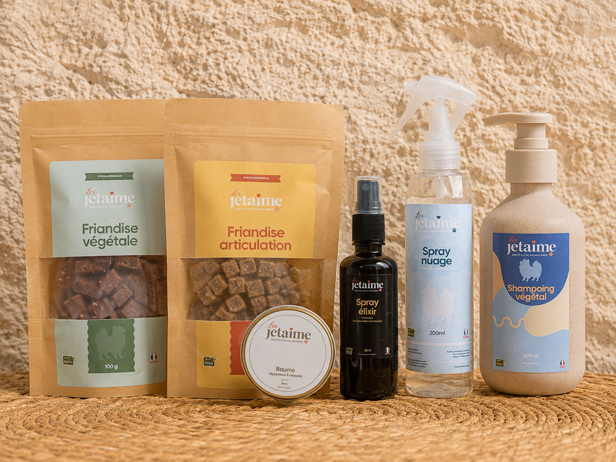 Packs Les Jetaime réunissant soins naturels et friandises pour chien
