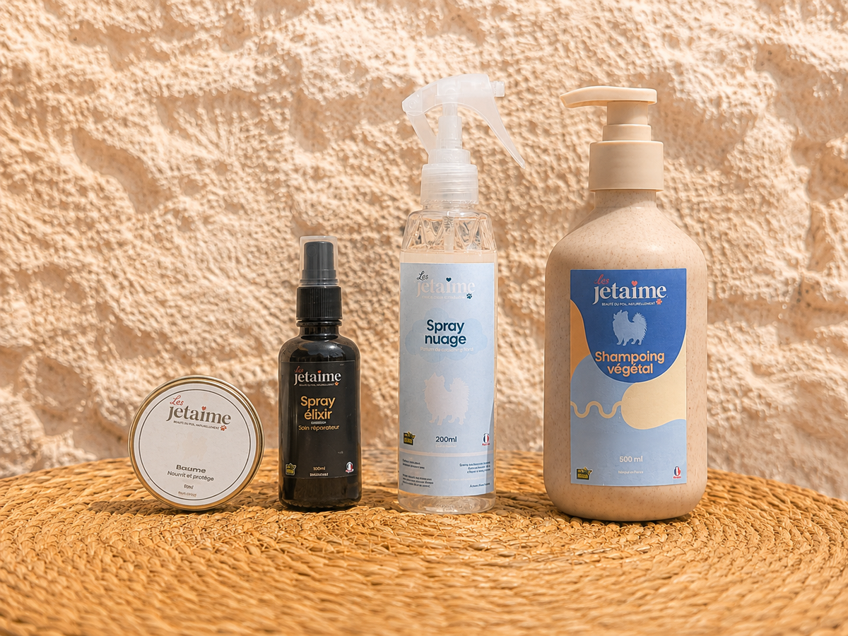 Soins naturels pour chien Les Jetaime : baume, élixir, spray Nuage et shampoing végétal