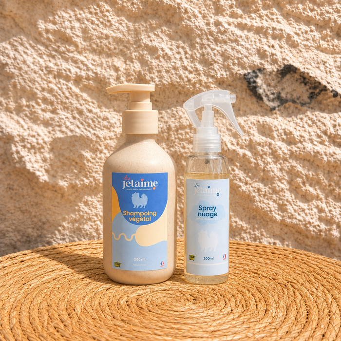 Pack Bain et Démêlage avec Shampoing végétal et Spray Nuage sur fond en pierre et fibres naturelles