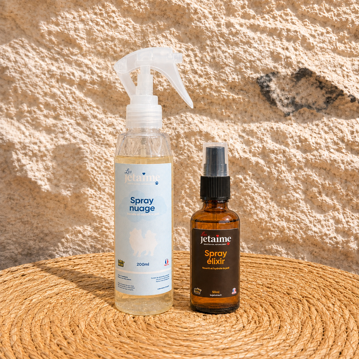 Pack Pelage Sublime avec Spray Nuage et Spray Élixir sur fond en pierre et fibres naturelles
