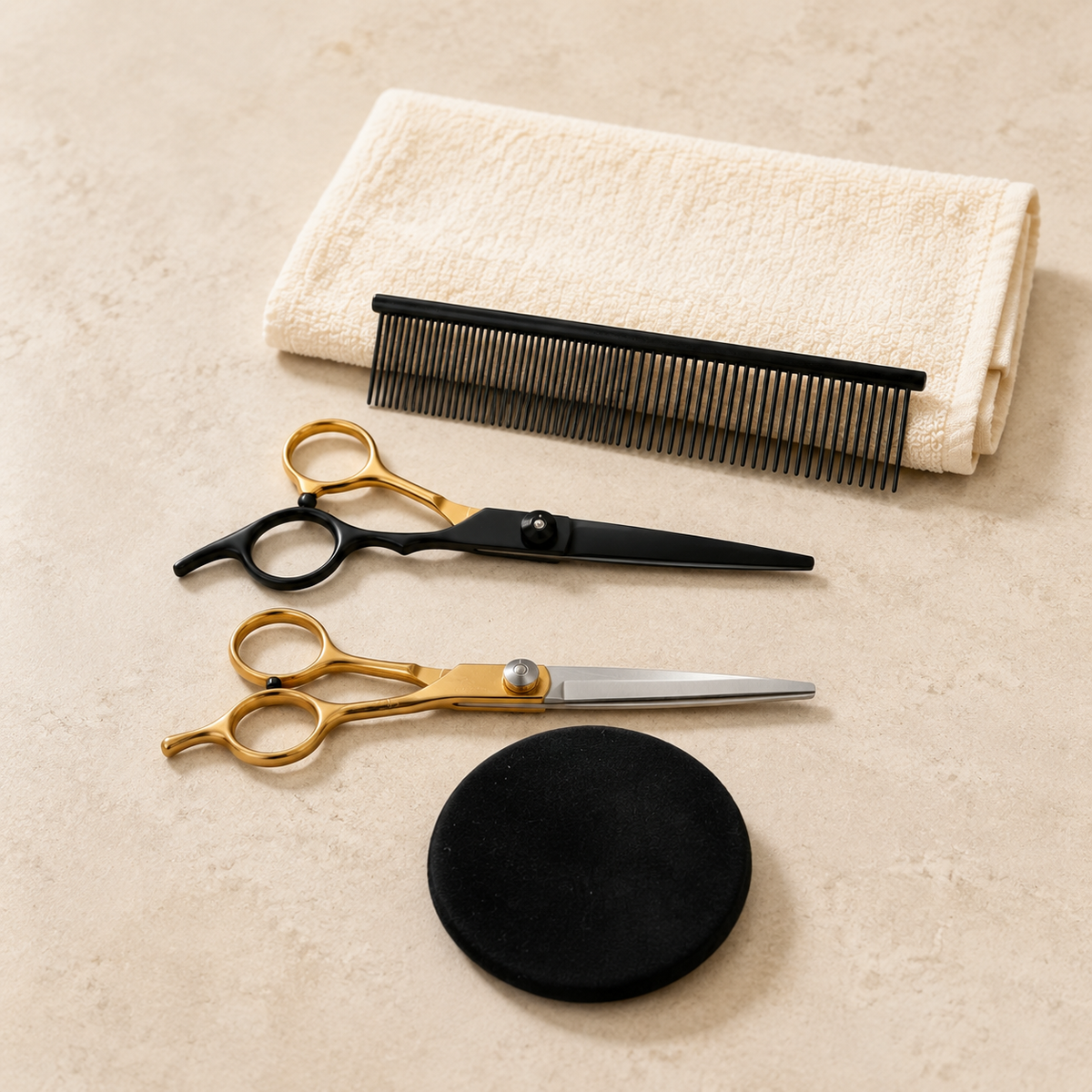Quatre accessoires de toilettage pour chien dans une ambiance spa