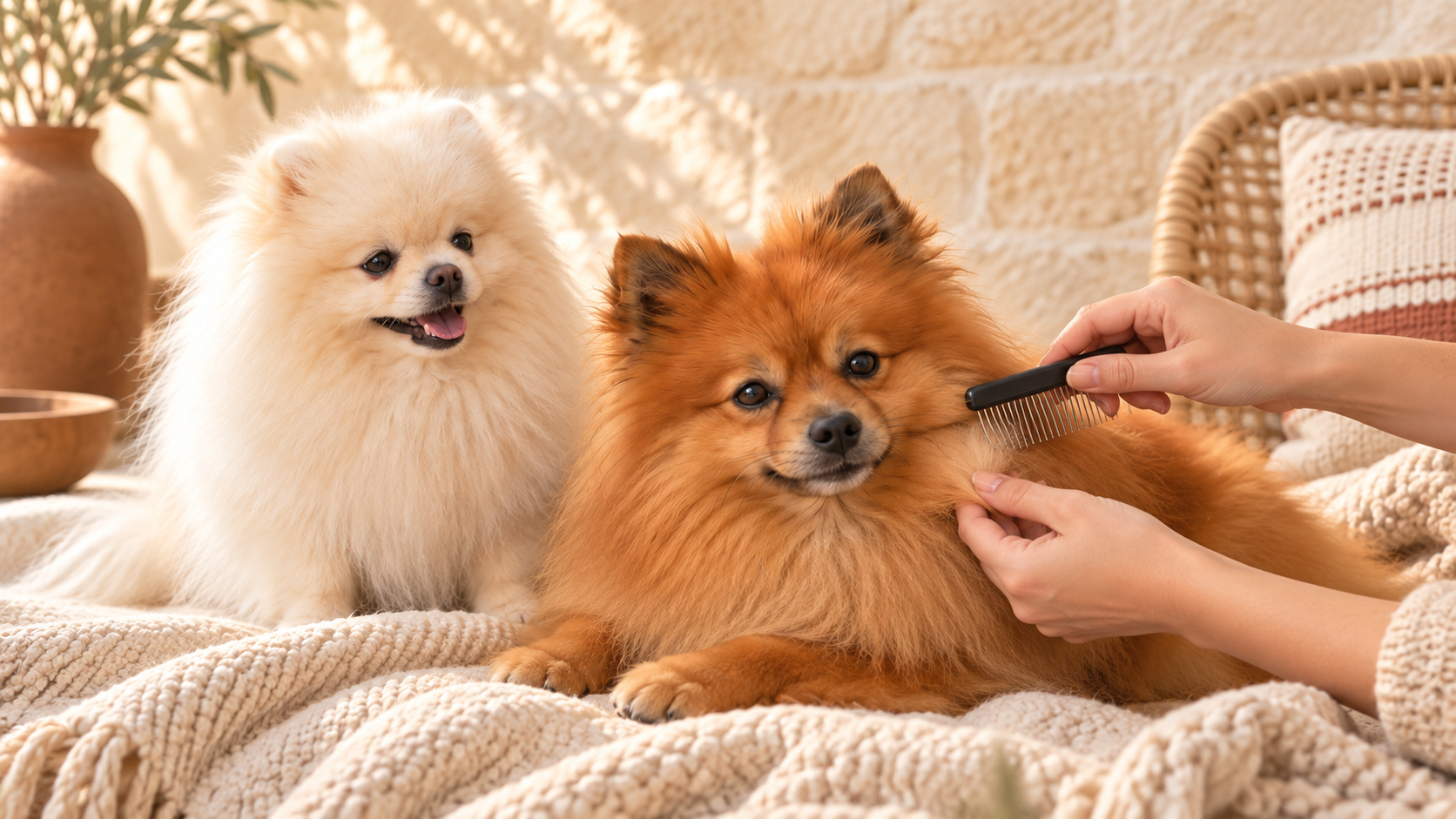 Des mains peignent Koda des pointes vers la racine sous le regard de Boubou