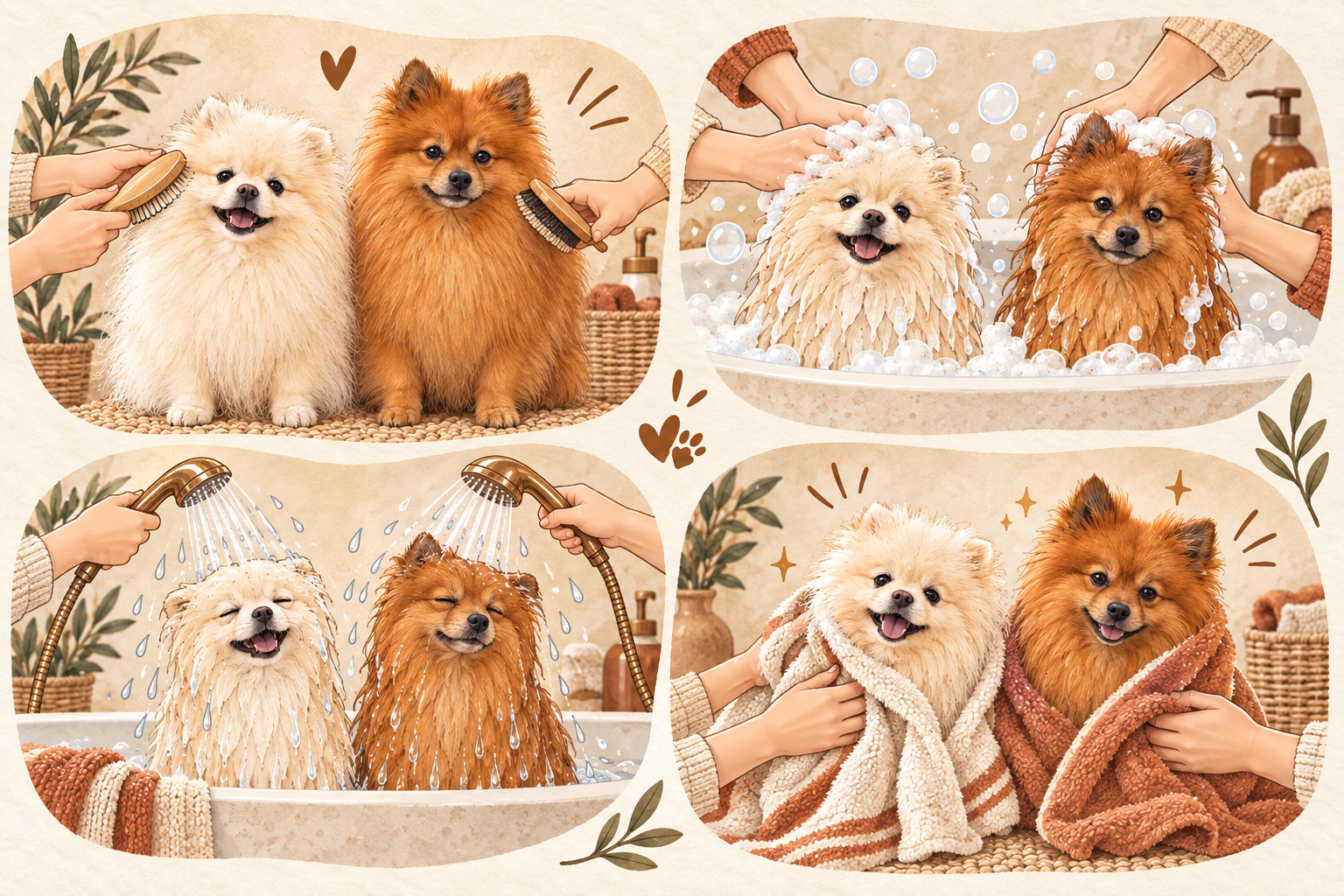 Boubou et Koda pendant les quatre étapes d'un bain doux : brossage, lavage, rinçage et séchage