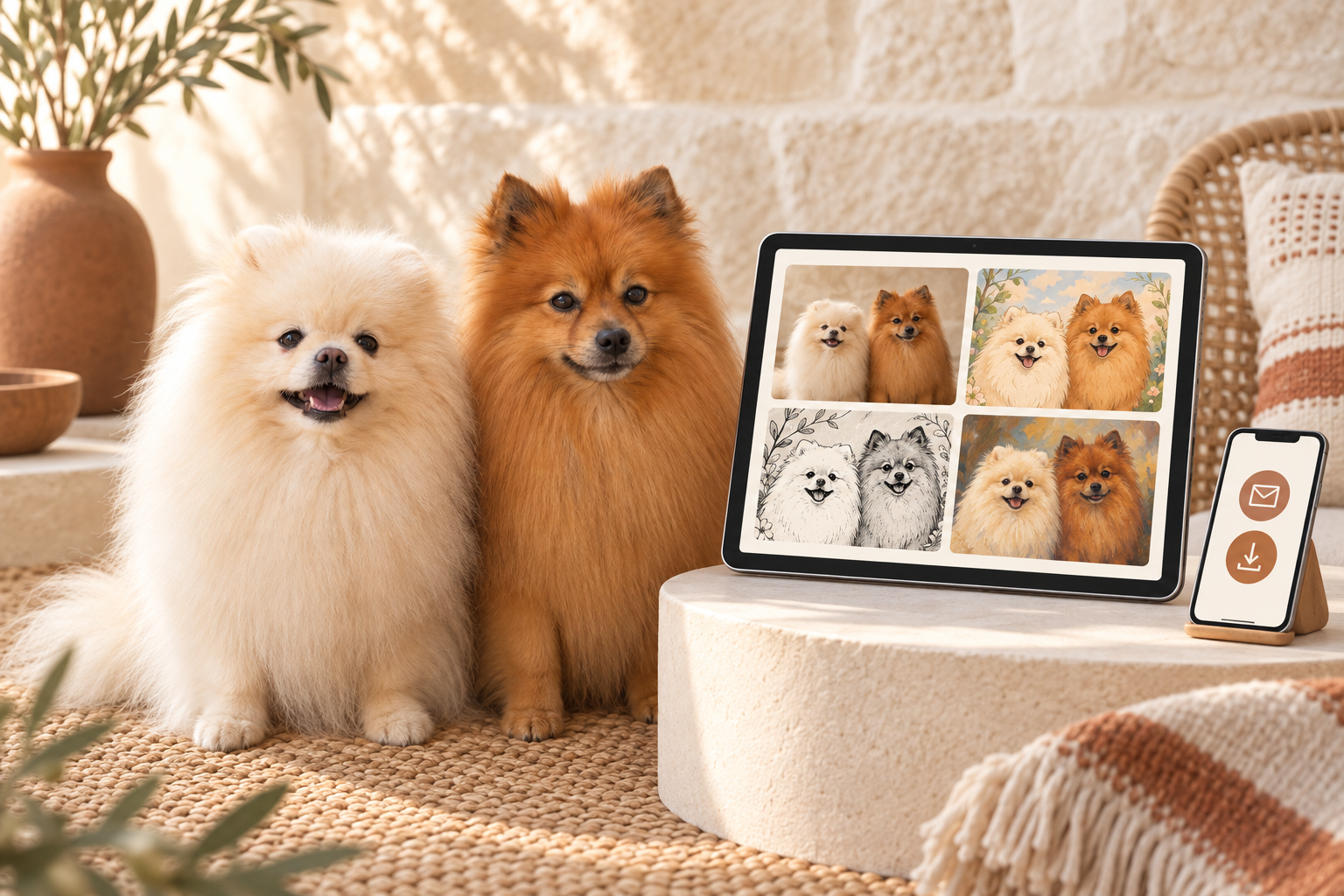 Boubou et Koda devant plusieurs styles de portraits personnalisés